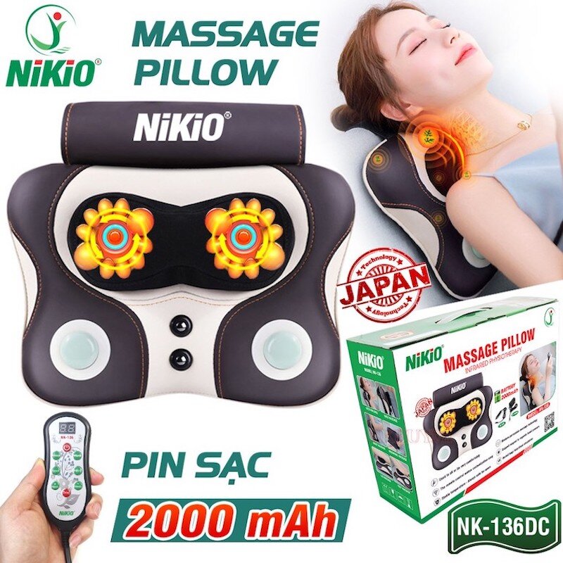 Máy (gối) mát xa xoa bóp trị đau mỏi cổ vai gáy Nikio NK-136DC - Pin sạc