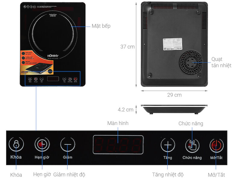 Bếp từ Hommy FS-IC324 có bảng điều khiển cảm ứng có màn hình hiển thị tiện cho việc quan sát.
