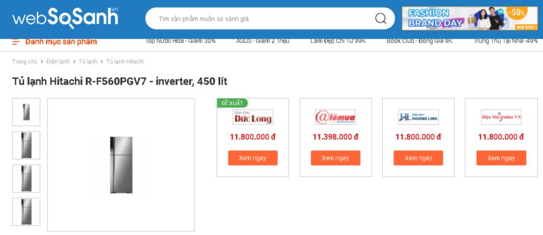 giá tủ lạnh Hitachi Inverter 450L R-F560PGV7(BSL) hiện rất rẻ chỉ khoảng trên dưới 11 triệu vnđ/chiếc.
