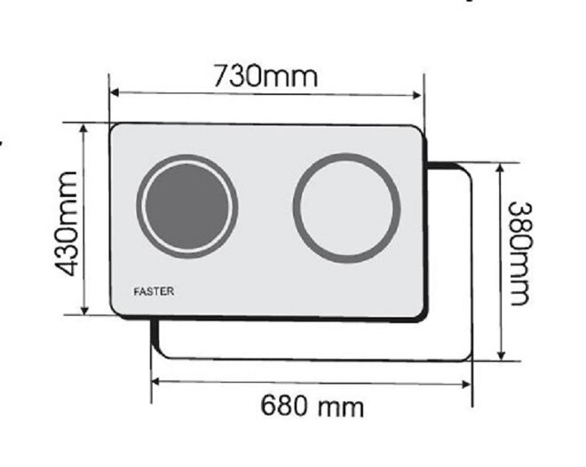 Kích thước của bếp từ âm 2 vùng nấu Faster FS-688I