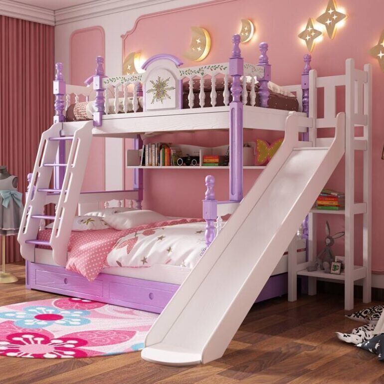 Giường tầng màu hồng tím dễ thương cho bé