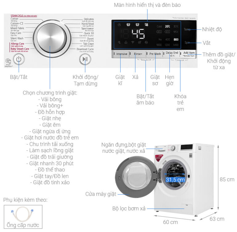 Máy giặt LG AI DD 9kg FV1409S4W màu trắng - Giá tham khảo khoảng 10 - 12 triệu vnđ/chiếc
