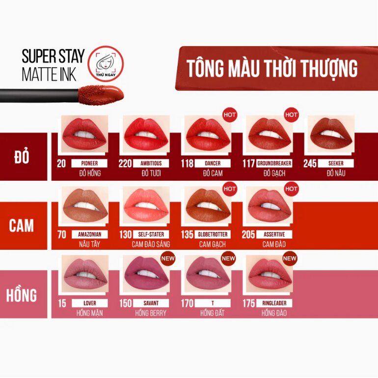 Color chart of Maybelline Matte Ink lipstick