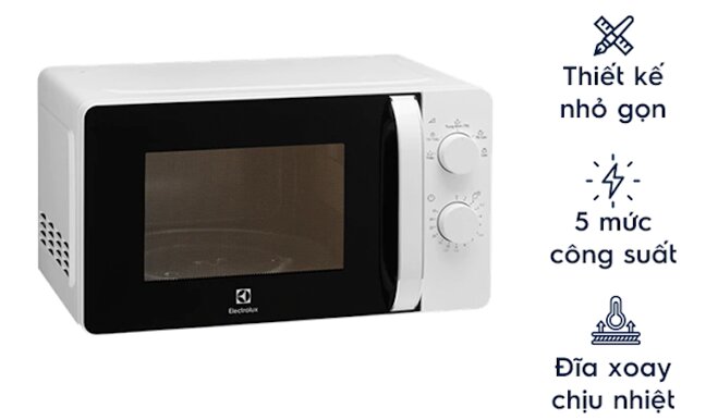 Lò vi sóng Electrolux EMM20K18GW có mức công suất 800W với dung tích 20 lít.