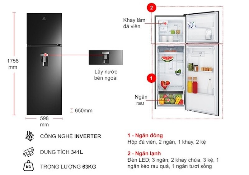 Tủ lạnh Electrolux Inverter 341 lít ETB3760M-H sang trọng và thời thượng