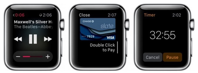 Three things you can do with your Apple Watch without being paired to an iPhone. From left to right you can listen to a synced play list, make an Apple Pay payment, or use your timer, stop watch or alarm