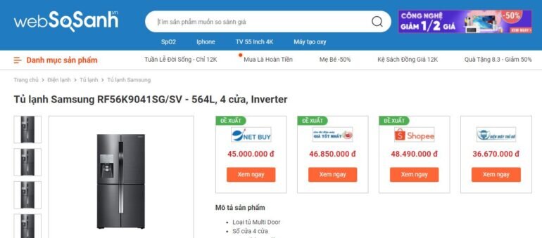 Giá tủ lạnh Samsung RF56K9041SG/SV - 564L, 4 cửa, Inverter