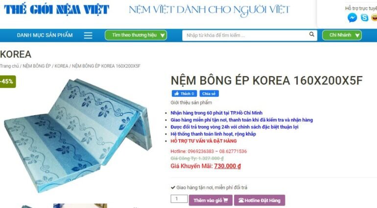 Nệm bông ép Korea 160x200x5f - Thế giới Nệm Việt