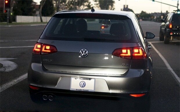 A new diesel Volkswagen Golf TDI drives in Huntington Beach, California, United States