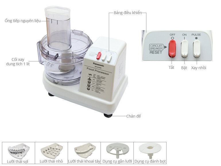 Máy xay đa năng Panasonic mk-5076mwra giúp xay sinh tố, xay thịt, cắt rau củ một cách dễ dàng nhờ công suất hoạt động 230W và lưỡi dao bằng thép không gỉ sắc bén.