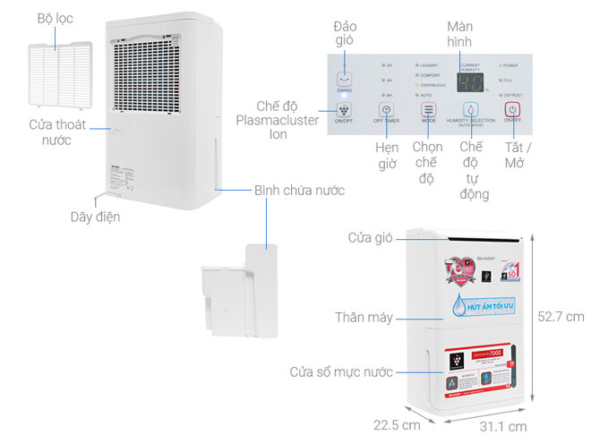 Review máy lọc không khí và hút ẩm Sharp DW-D12A-W được thiết kế hiện đại 