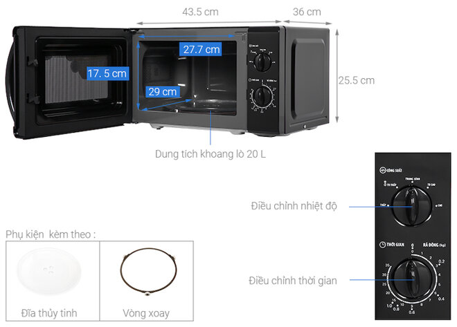 Lò vi sóng cơ Bluestone 20l MOB-7707 có khoang lò rộng rãi