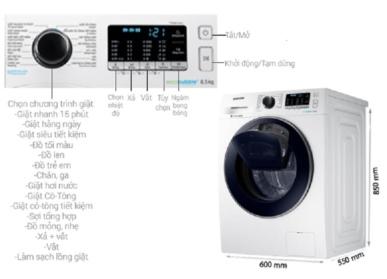 may giat 8 5 kg samsung Addwash WW85K54E0UW hoi nuoc