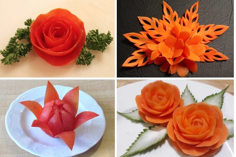 Gia chủ có thể cắt tạo hình cà rốt hoặc cà chua để làm hoa trang trí trên dĩa bánh chưng ngày Tết