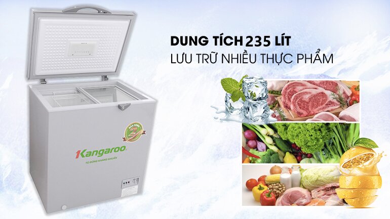 Tủ đông Kangaroo KG 235C1 có dung tích vừa phải thích hợp để trưng bày và giới thiệu sản phẩm cho cửa hàng