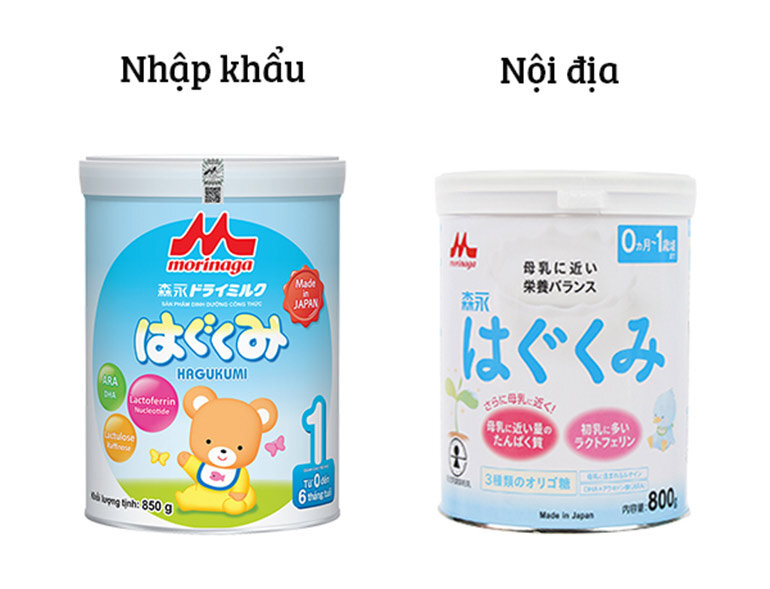Hình thức bên ngoài của 2 loại sữa Morinaga nhập khẩu và nội địa