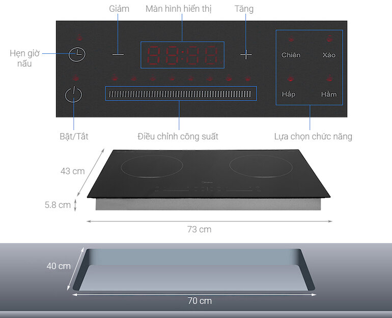 Bếp âm Midea MC-IH3520 giúp nấu ăn nhanh chóng với tổng công suất lên đến 3500W.