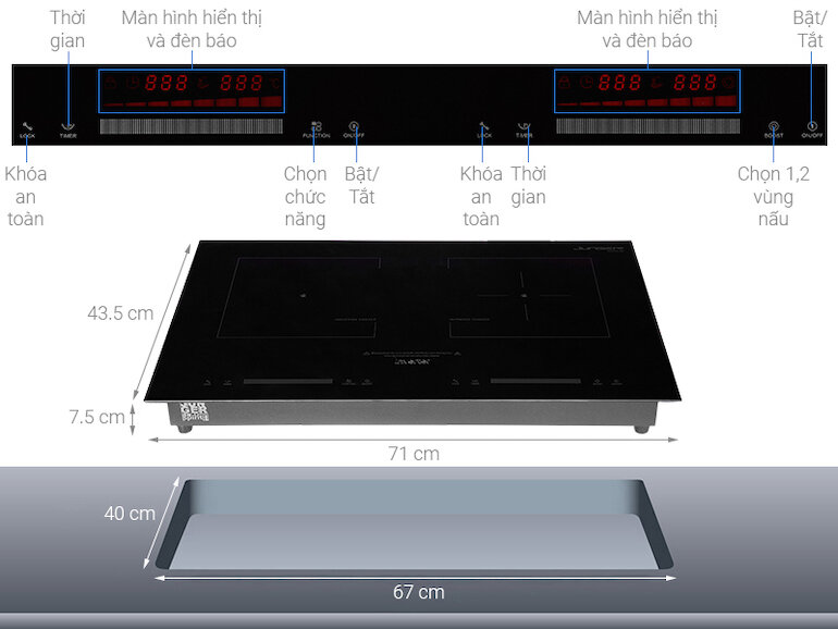 Bếp âm Junger SIS-66 có tổng công suất tối đa 4200W khi bật cả 2 bếp cùng lúc, tối đa bếp trái 2000W và bếp phải 2200W.
