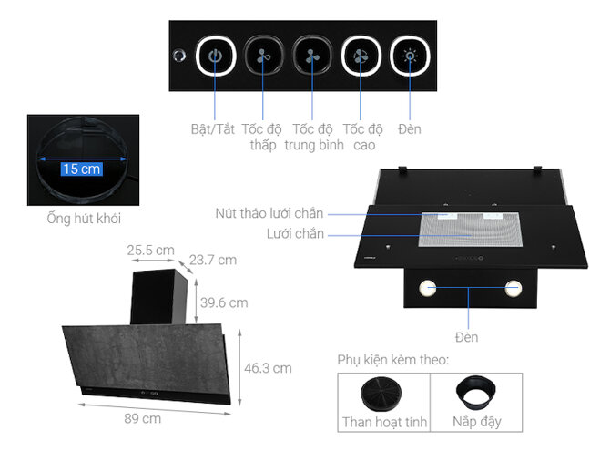 Máy hút mùi áp tường Hafele HH-WVS90A được trang bị 2 đèn Led 1W hỗ trợ cho việc chiếu sáng khi nấu nướng.