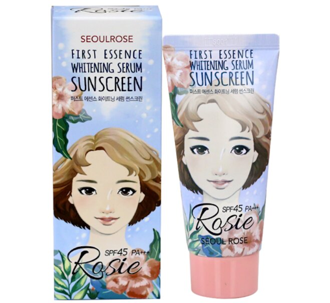 Rosie First Essence Whitening Serum Sunscreen is impressively designed with a sweet pink tone and a cute girl.