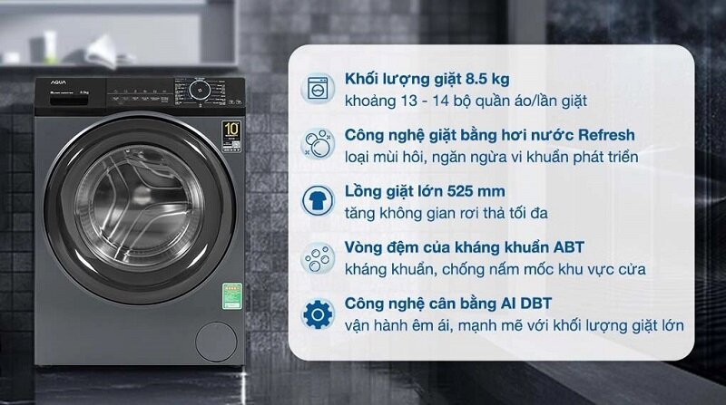 Máy giặt 8kg lồng ngang giá rẻ Aqua Inverter 8.5 kg AQD-A852J BK