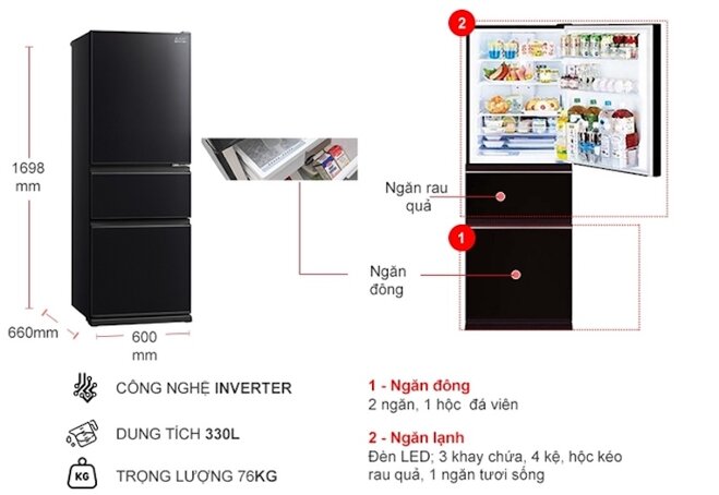 Tủ lạnh Mitsubishi Inverter 330 lít MR-CGX41EN-GBR-V thiết bị cao cấp của thương hiệu Mitsubishi