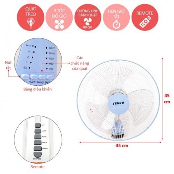 Quạt treo tường Senko tr1628 có chức năng hẹn giờ lên đến 8 tiếng