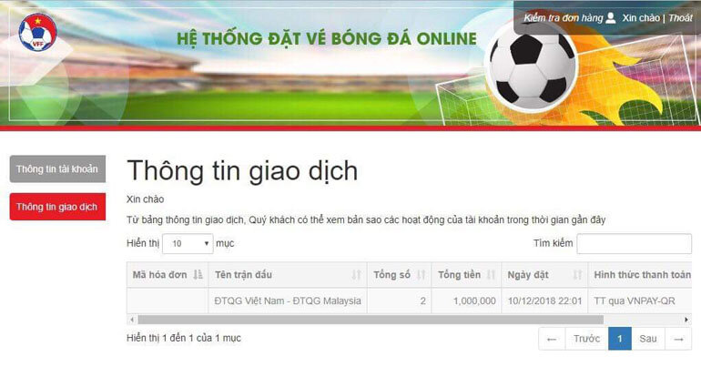 Thông tin giao dịch thành công.