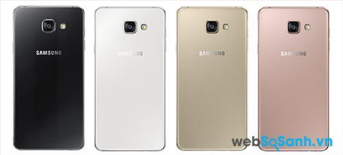 Điện thoại Galaxy A7 2016 được giới thiệu với 4 màu tùy chọn khác nhau là đen, trắng, vàng và hồng