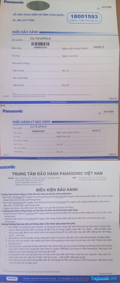 Giấy bảo hành chính hãng điều hòa Panasonic