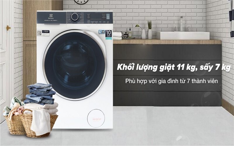 Máy giặt sấy Electrolux Inverter 11kg EWW1142Q7WB có thể sấy tối đa 7kg quần áo