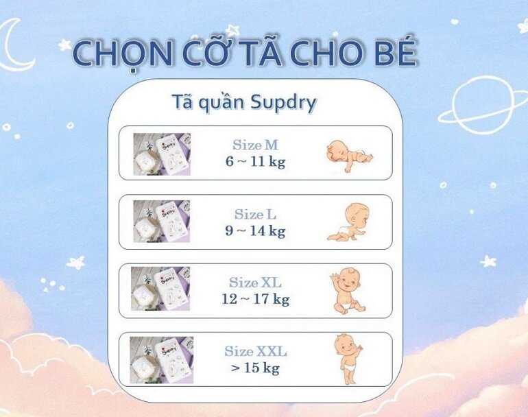 Size và giá thành của bỉm Supdry