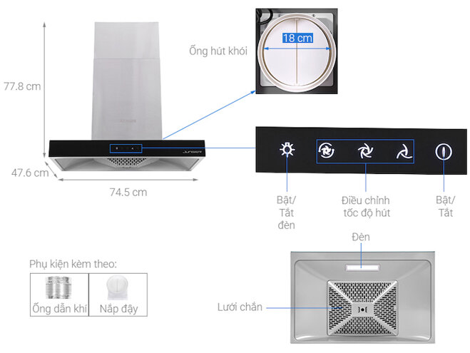 Hút mùi Junger HRJ-75 được thiết kế âm tủ giúp tiết kiệm không gian căn bếp một cách hiệu quả.