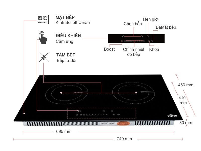 Chi tiết bếp từ âm đôi Ferroli ID4000BN