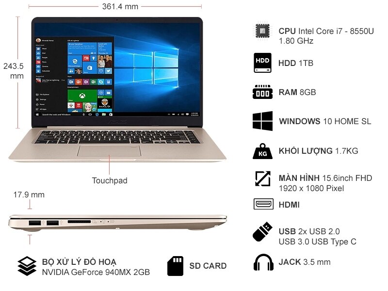 Laptop Asus S510UQ-BQ483T màn hình viền siêu mỏng