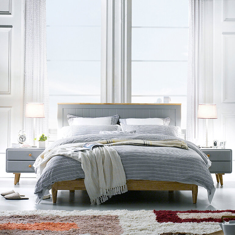 Giường đôi gỗ cao su IBIE Rora - Grey 200 x 180 x 100 cm