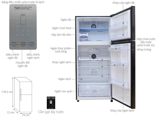 Tủ lạnh Samsung RT50K6631BS/SV với ngăn đá 125L và ngăn lạnh 377L.