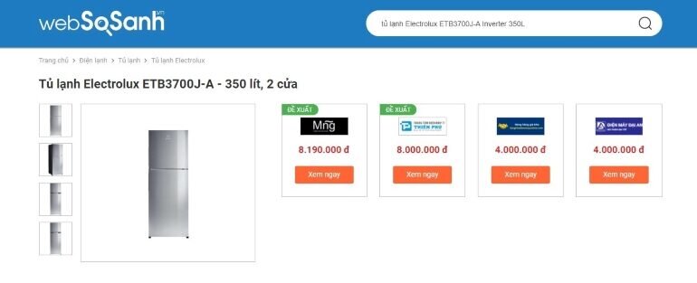 Truy cập cổng thông tin so sánh giá Websosanh.vn để mua tủ lạnh Electrolux ETB3700J-A Inverter 350L với giá thành tốt nhất và địa chỉ uy tín
