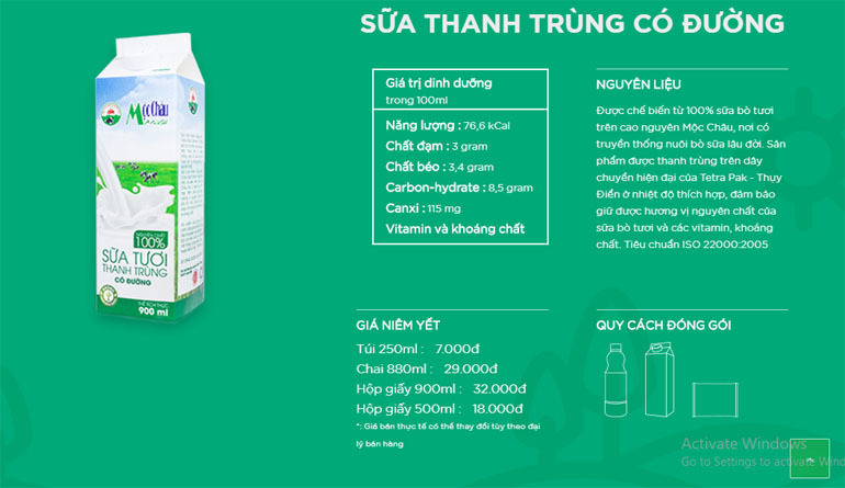 Sữa tươi thanh trùng Mộc Châu có đường