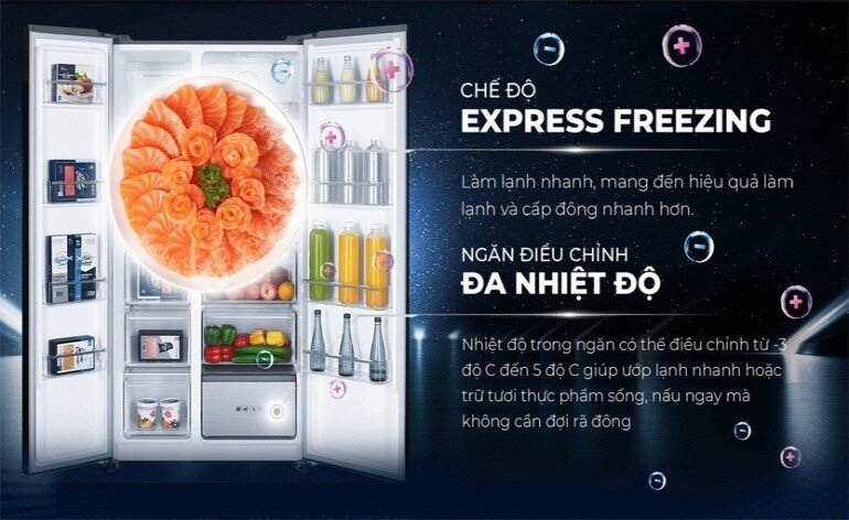 Tính năng Express Freezing và ngăn điều chỉnh đa nhiệt độ giúp cấp đông và rã đông nhanh