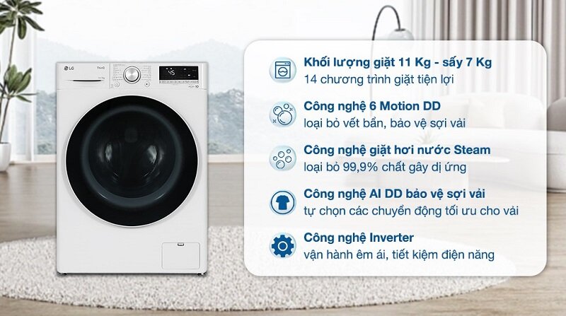 Máy giặt có sấy khô LG Inverter giặt 11 kg - sấy 7 kg FV1411D4W