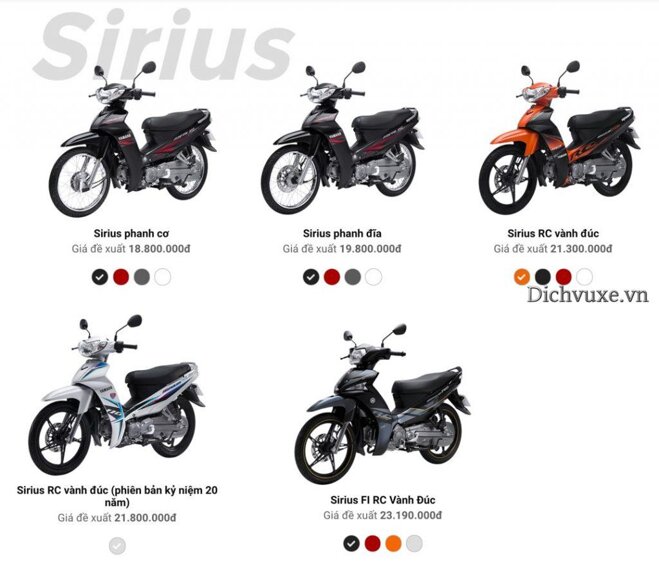 Các mẫu xe Sirius model mới nhất 2019