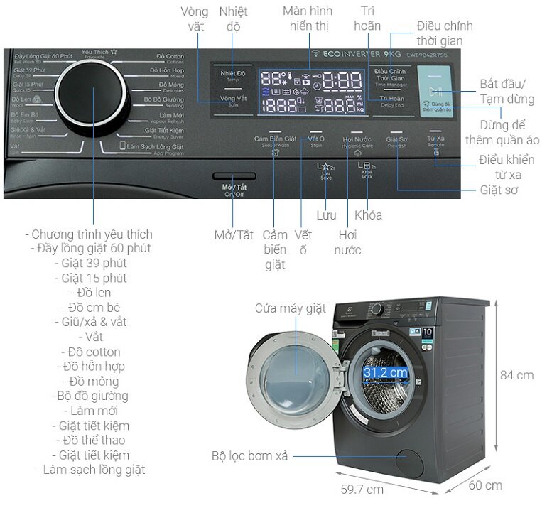 Máy giặt cửa ngang Electrolux Inverter 9 kg EWF9042R7SB