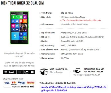 Một nhà bán lẻ công bố giá dự kiến của Nokia X2.