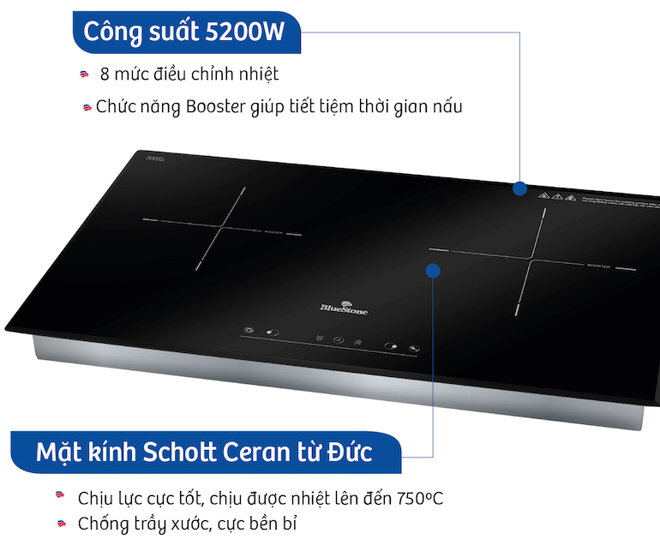 Bếp từ đôi Bluestone icb-6835 được trang bị nhiều cấp độ chế biến như chiên, rán, luộc…