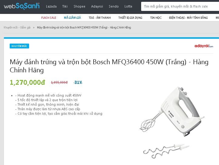 Máy đánh trứng và trộn bột Bosch MFQ36400 450W (Trắng) - Hàng Chính Hãng