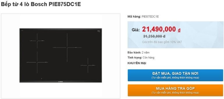 Bếp từ Bosch PIE875DC1E giảm sốc giá chỉ còn 21.490.000 vnđ