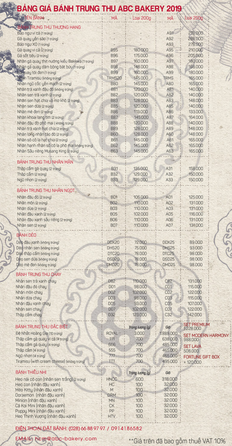BẢNG GIÁ BÁNH TRUNG THU ABC 2019