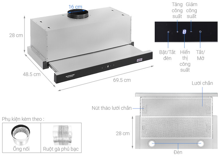 Máy hút mùi âm tủ Sunhouse SHB6288MT có kiểu dáng sang trọng, phù hợp cho căn bếp hiện đại