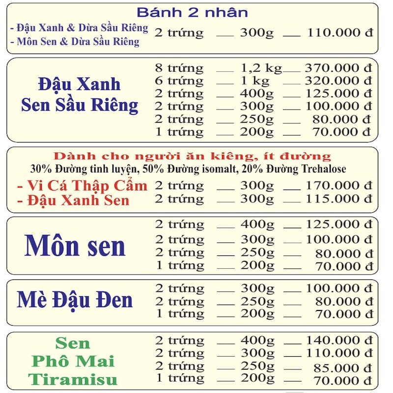 Bảng giá bánh trung thu Như Lan với các nhân khác